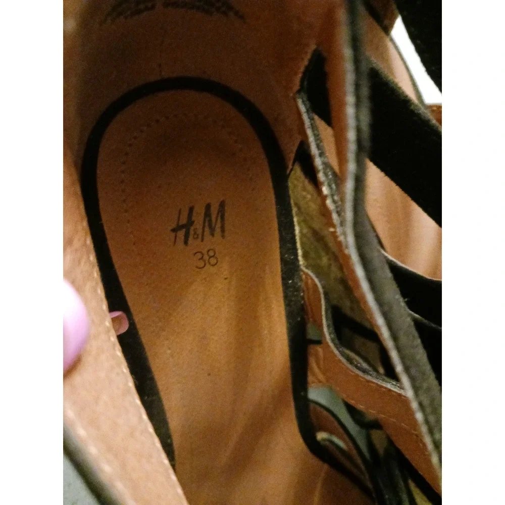 H&M Black Suede‎ Lace Up Wedge Sandals, Size 7.5/38